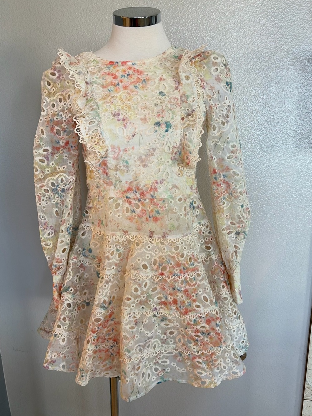 Bardot Cream Eyelet Lace Dress with Multicolor Floral Accents
